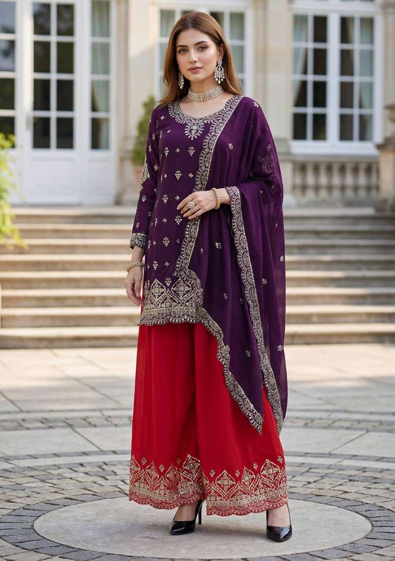 Wine Embroidered Chinon Sharara Set - Indya
