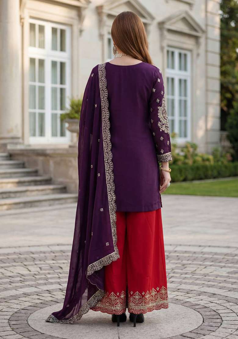 Wine Embroidered Chinon Sharara Set - Indya