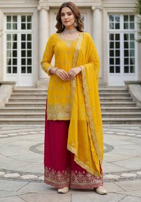 Yellow Thread Work Chinon Kurta Set