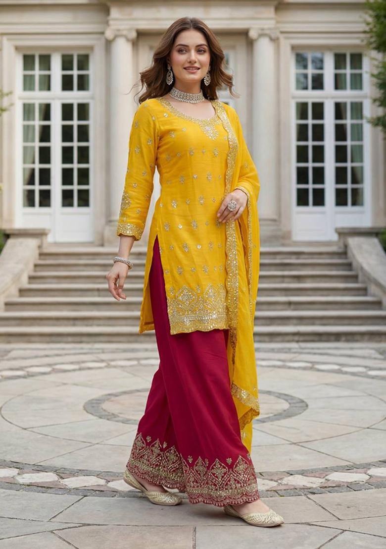 Yellow Thread Work Chinon Kurta Set - Indya