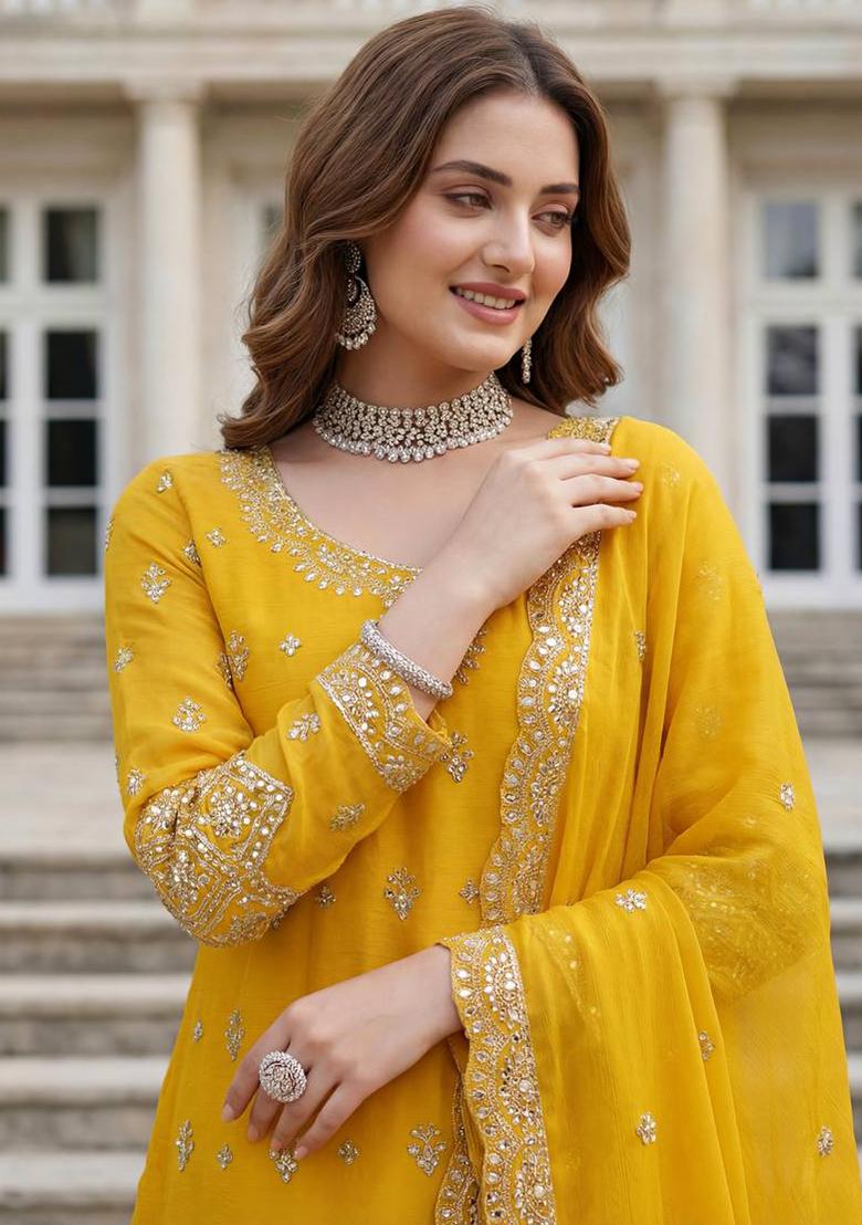 Yellow Thread Work Chinon Kurta Set - Indya