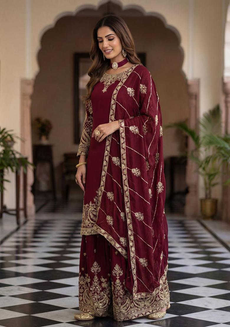 Maroon Thread Work Chinon Kurta Set - Indya