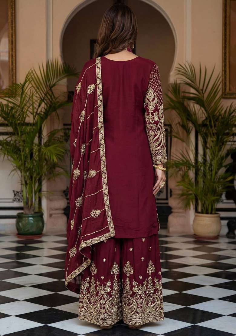 Maroon Embroidered Chinon Sharara Set - Indya