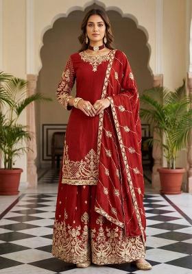 Red Thread Work Chinon Kurta Set