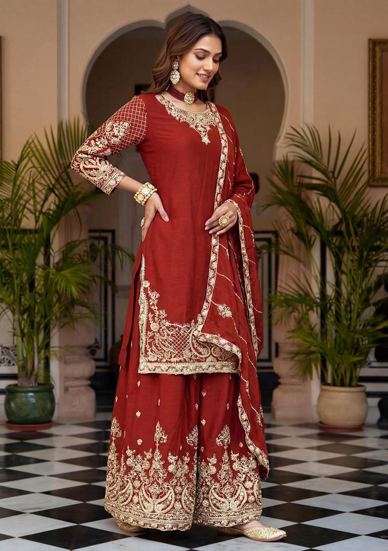 Red Thread Work Chinon Kurta Set - Indya