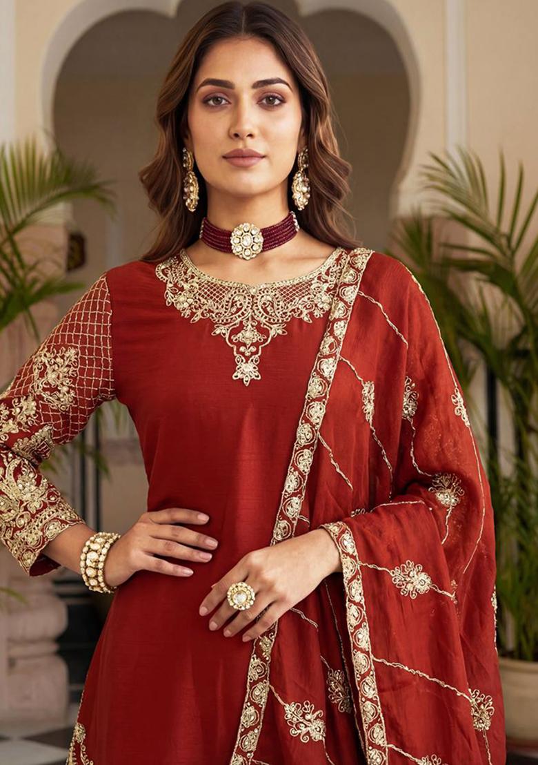 Red Thread Work Chinon Kurta Set - Indya