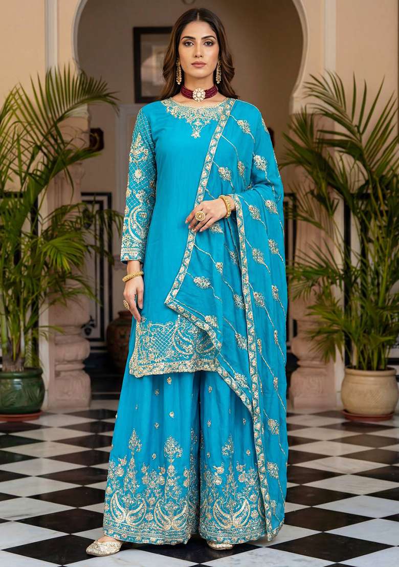 Sky Blue Embroidered Chinon Sharara Set - Indya