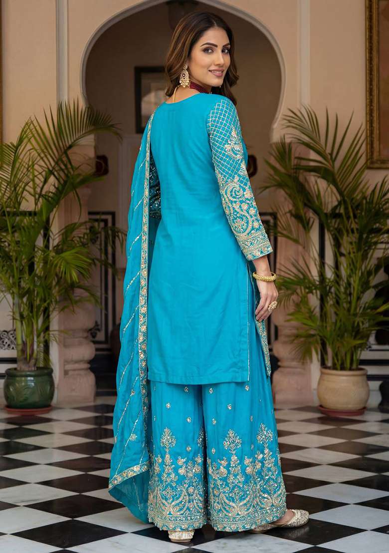 Sky Blue Embroidered Chinon Sharara Set - Indya