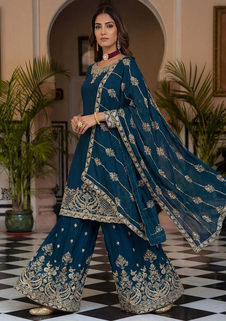 Teal Thread Work Chinon Kurta Set - Indya