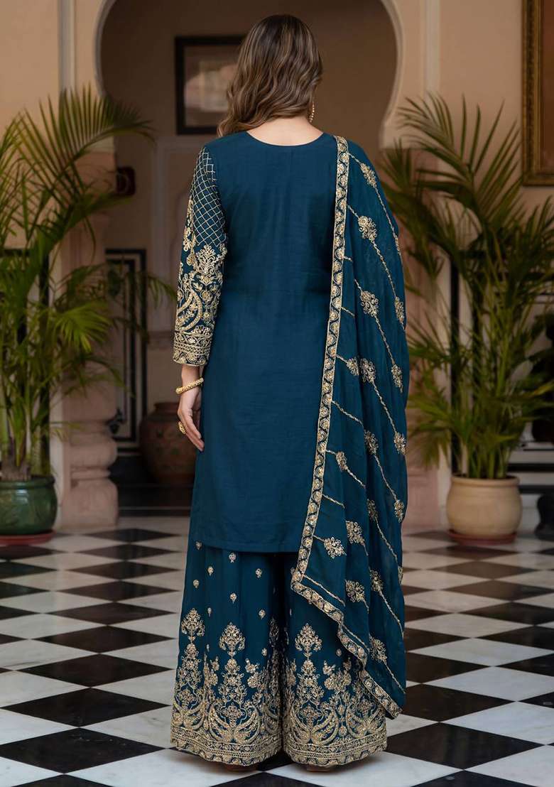 Teal Embroidered Chinon Sharara Set - Indya