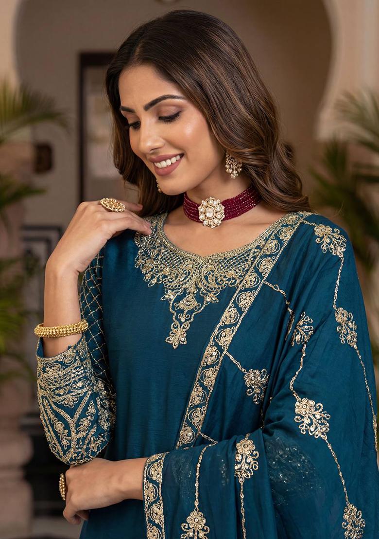 Teal Thread Work Chinon Kurta Set - Indya