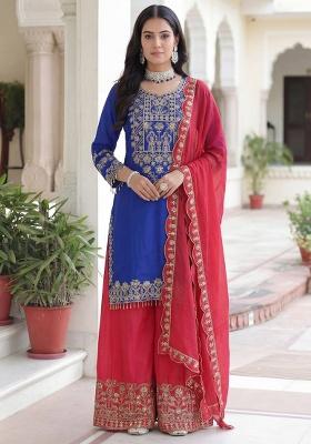 Blue Thread Work Chinon Kurta Set