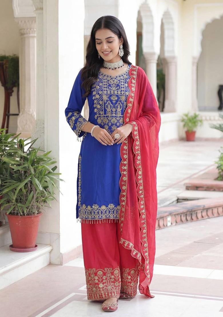 Blue Thread Work Chinon Kurta Set - Indya