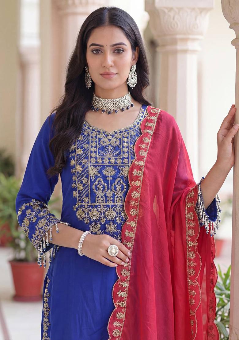 Blue Thread Work Chinon Kurta Set - Indya