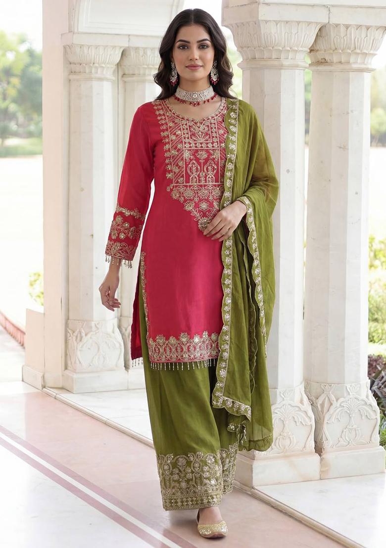 Rani Pink Thread Work Chinon Kurta Set - Indya