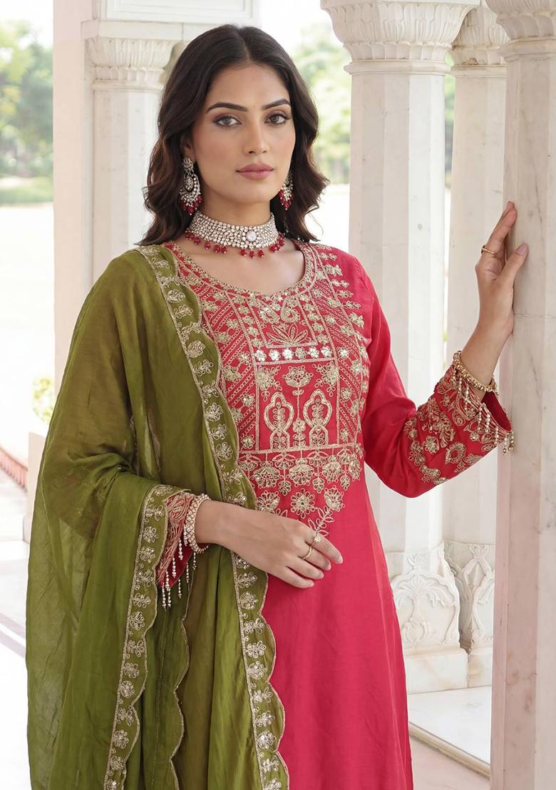 Rani Pink Thread Work Chinon Kurta Set - Indya