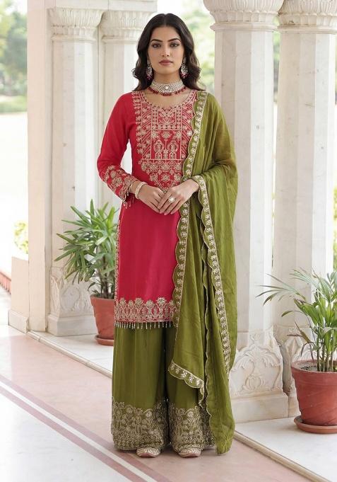 Rani Pink Thread Work Chinon Kurta Set