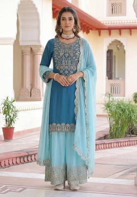Sky Blue Thread Work Chinon Kurta Set