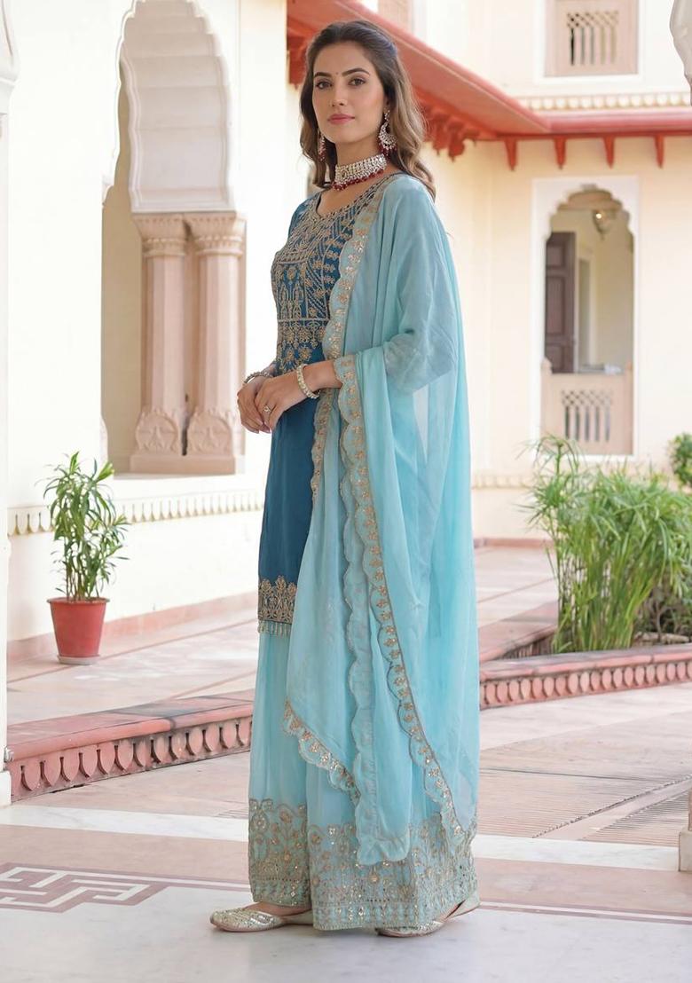 Sky Blue Thread Work Chinon Kurta Set - Indya