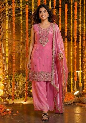 Pink Thread Work Silk Kurta Set