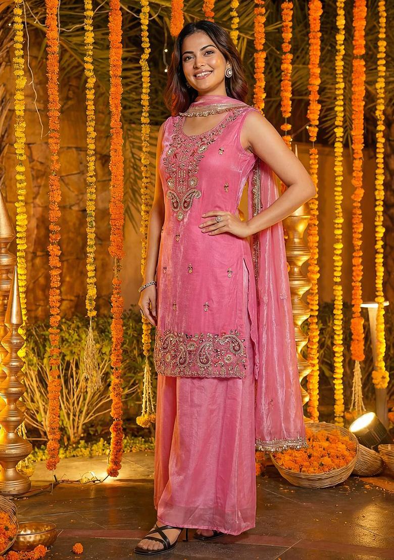Pink Thread Work Silk Kurta Set - Indya