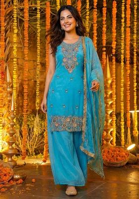 Sky Blue Thread Work Silk Kurta Set