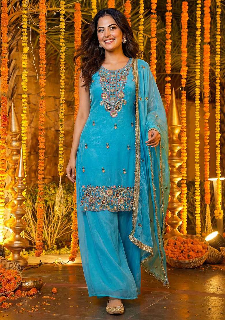 Sky Blue Embroidered Silk Blend Punjabi Suit - Indya