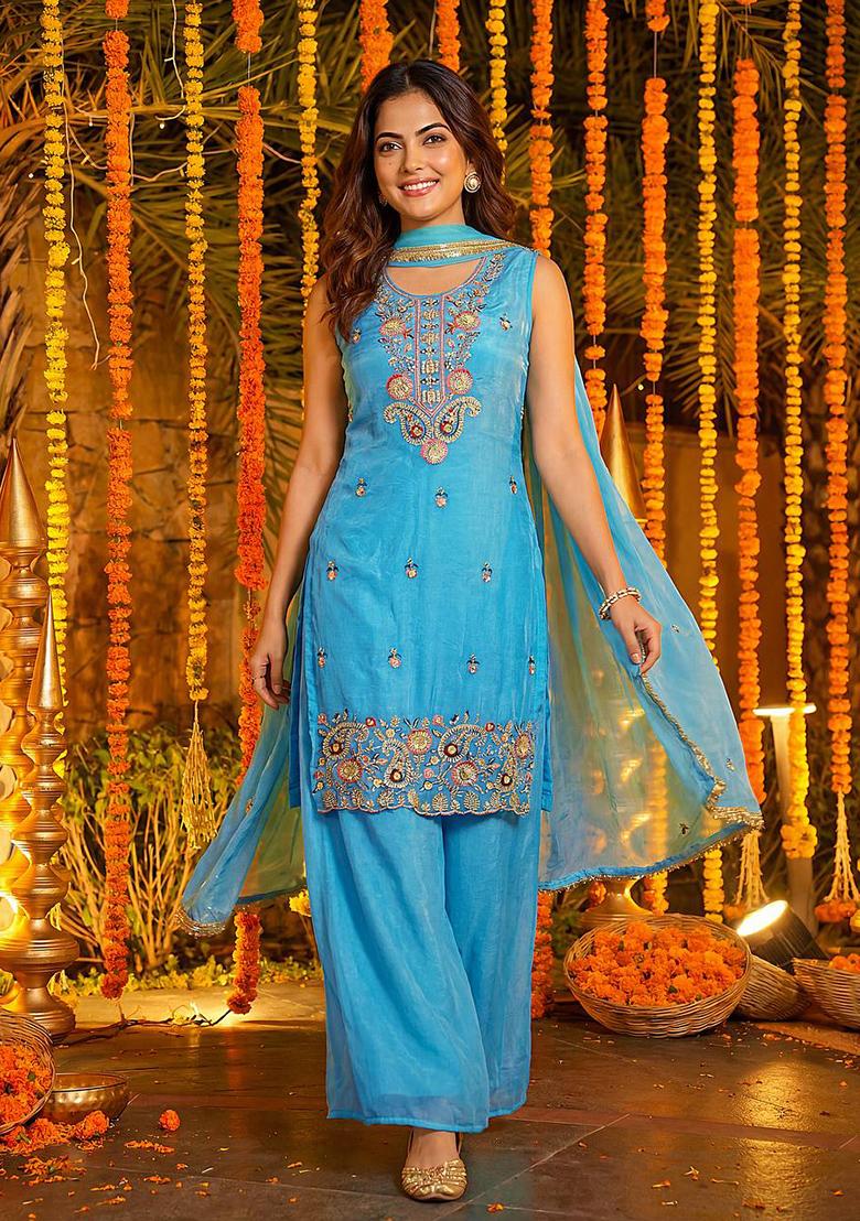 Sky Blue Thread Work Silk Kurta Set - Indya