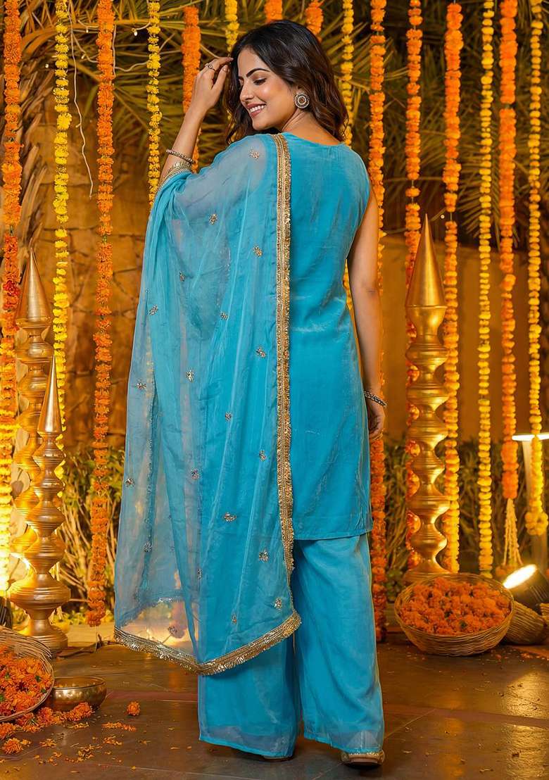 Sky Blue Embroidered Silk Blend Punjabi Suit - Indya