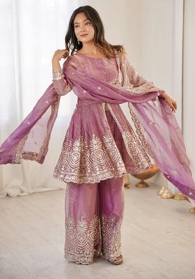 Pink Thread Work Satin Kurta Set