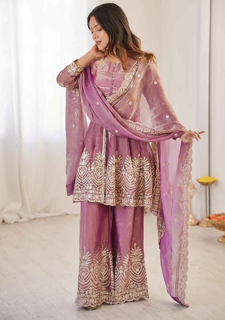 Pink Thread Work Satin Kurta Set - Indya