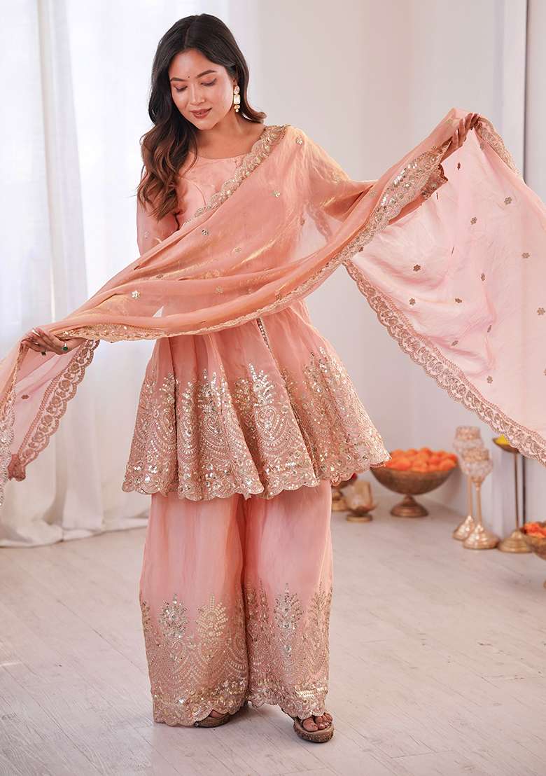Light Peach Embroidered Satin Sharara Set - Indya