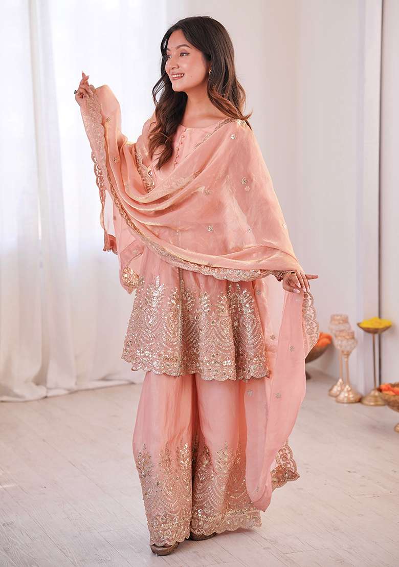 Light Peach Embroidered Satin Sharara Set - Indya