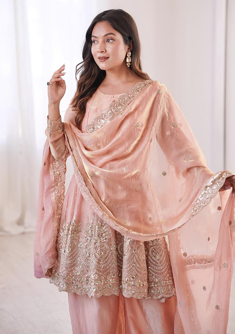 Light Peach Thread Work Satin Kurta Set - Indya