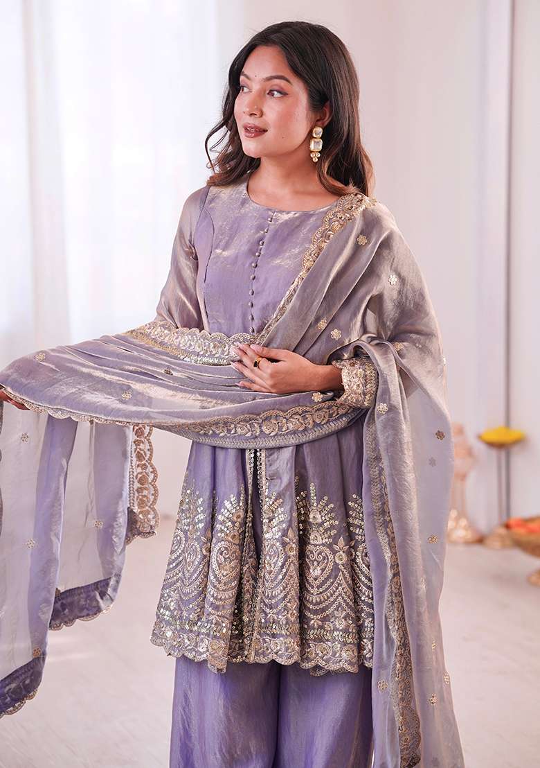 Lavender Embroidered Satin Sharara Set - Indya