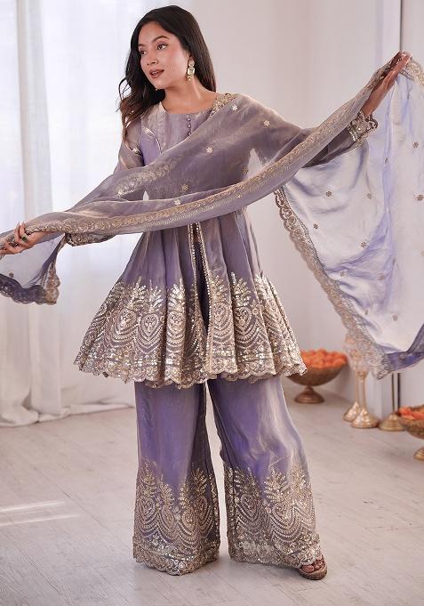 Lavender Thread Work Satin Kurta Set