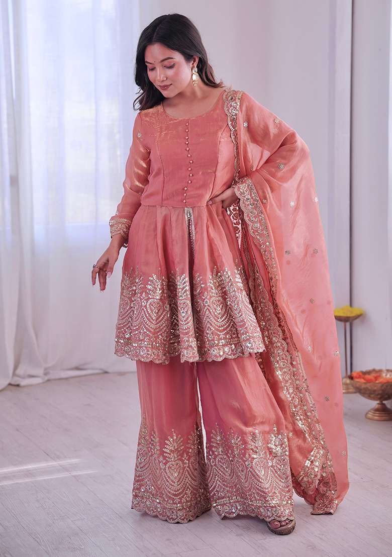 Peach Embroidered Satin Sharara Set - Indya