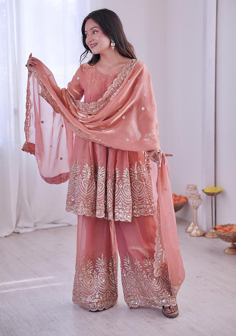 Peach Thread Work Satin Kurta Set - Indya