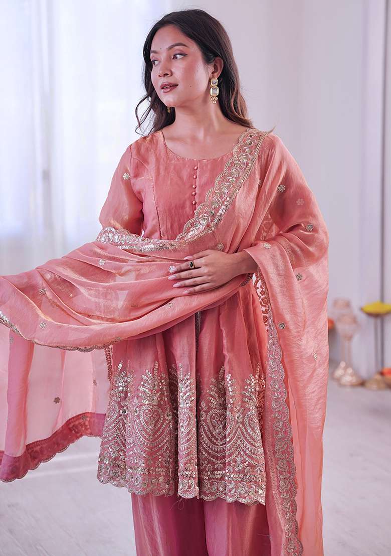 Peach Embroidered Satin Sharara Set - Indya