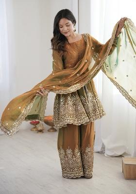 Olive Embroidered Satin Sharara Set