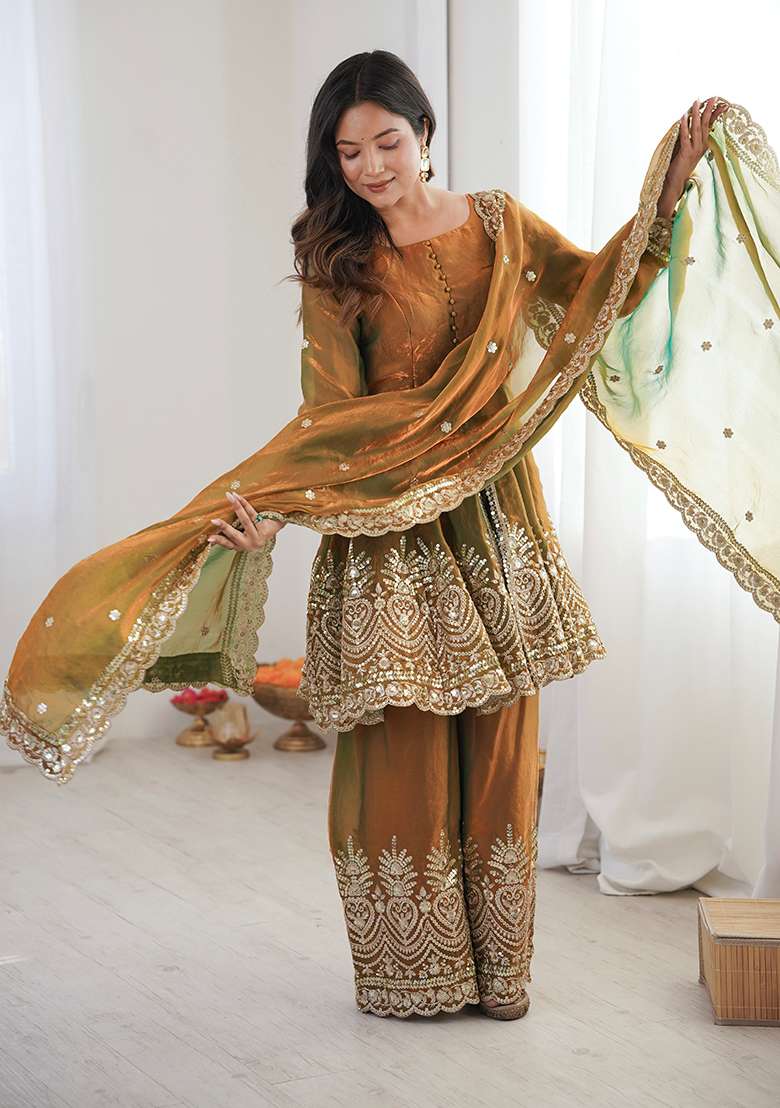 Olive Embroidered Satin Sharara Set - Indya