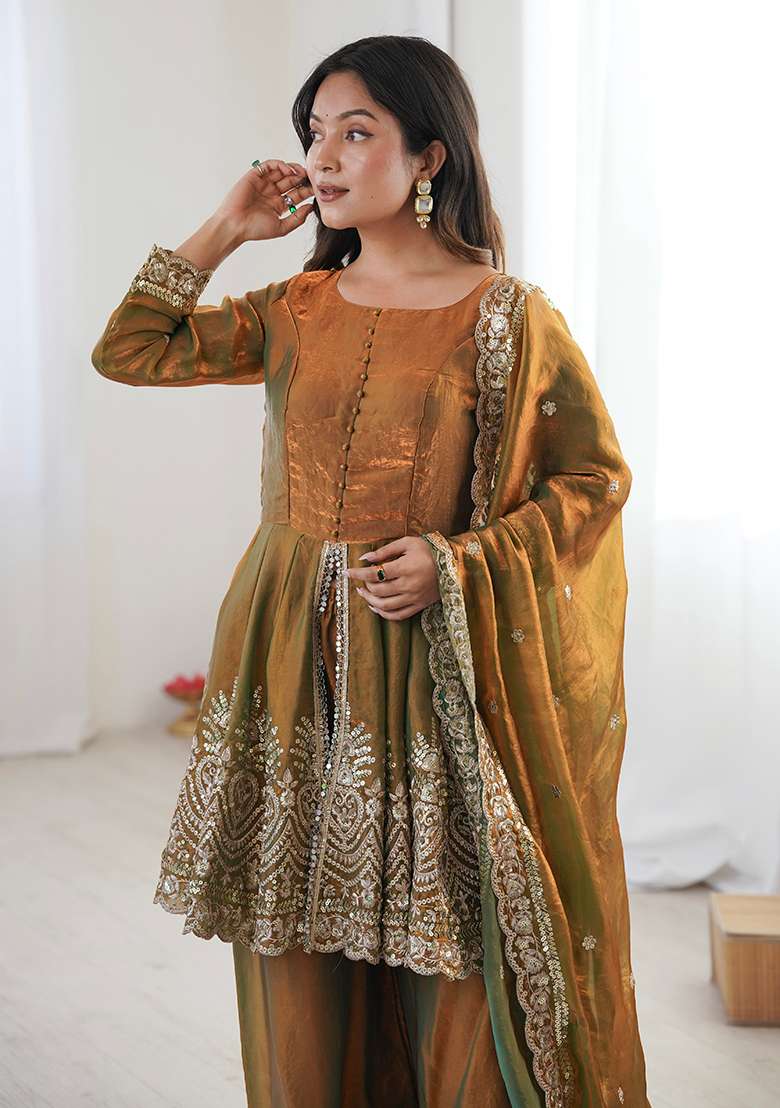 Olive Embroidered Satin Sharara Set - Indya