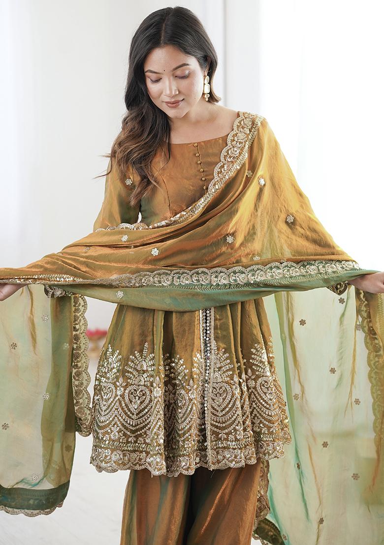 Olive Thread Work Satin Kurta Set - Indya