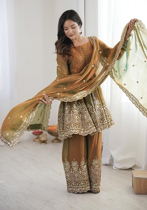 Olive Thread Work Satin Kurta Set