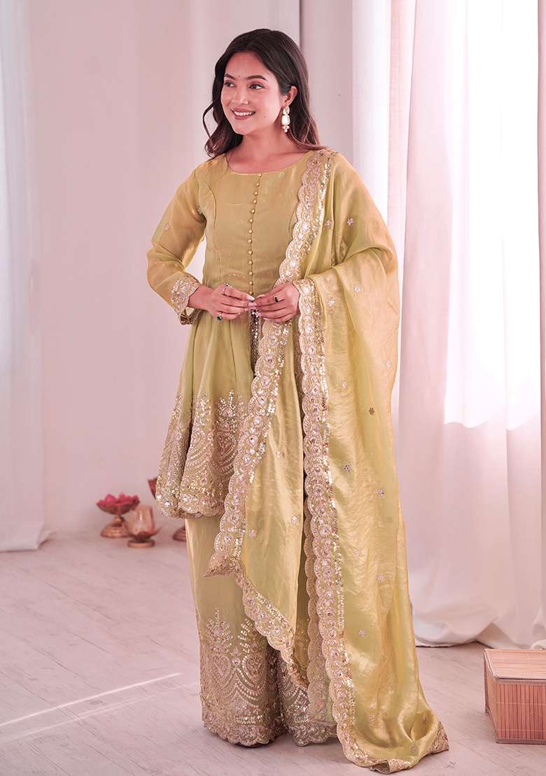 Pista Embroidered Satin Sharara Set - Indya
