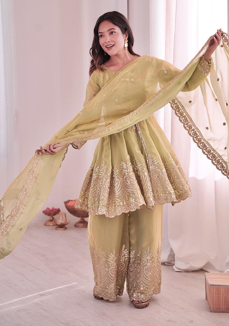 Pista Thread Work Satin Kurta Set - Indya