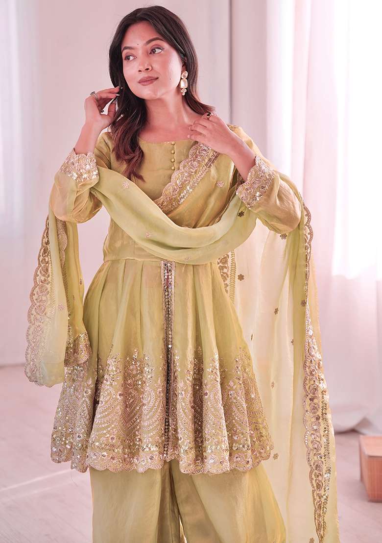 Pista Embroidered Satin Sharara Set - Indya