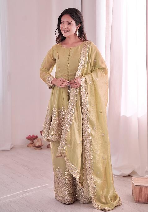 Pista Thread Work Satin Kurta Set