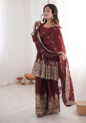Maroon Thread Work Satin Kurta Set
