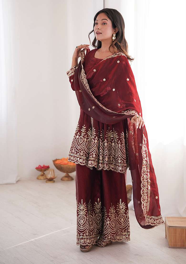 Maroon Embroidered Satin Sharara Set - Indya